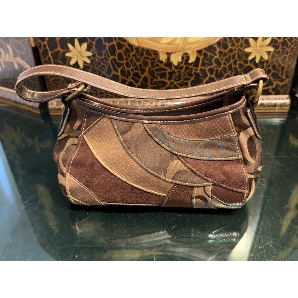 Y2K Brown Patchwork Shoulder Bag Faux Suede Fabric Boho Purse